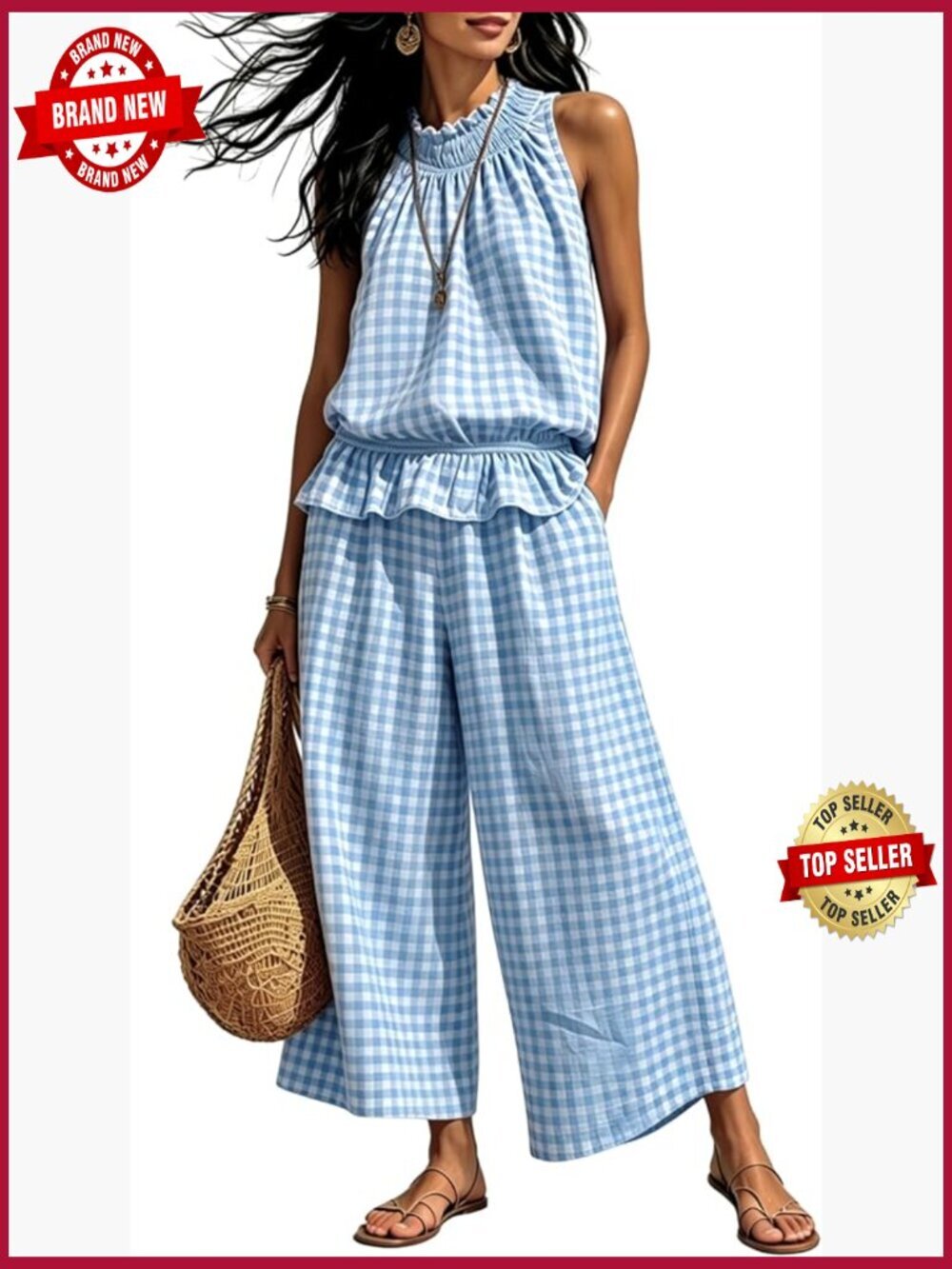 Gingham Sleeveless Ruffle Top Wide Leg Pants Set Summer Vacation Outfit